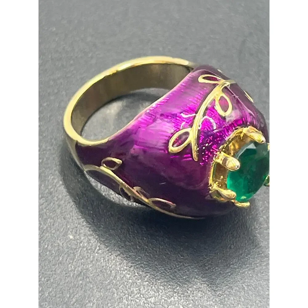Princess Amanda Borghese Designer Purple Green Enamel‎ Cocktail Ring Sz 8.5